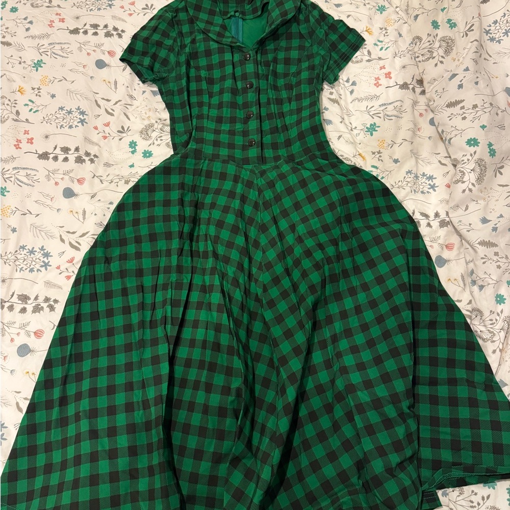 Green and Black Check Fit-and-Flare Dress